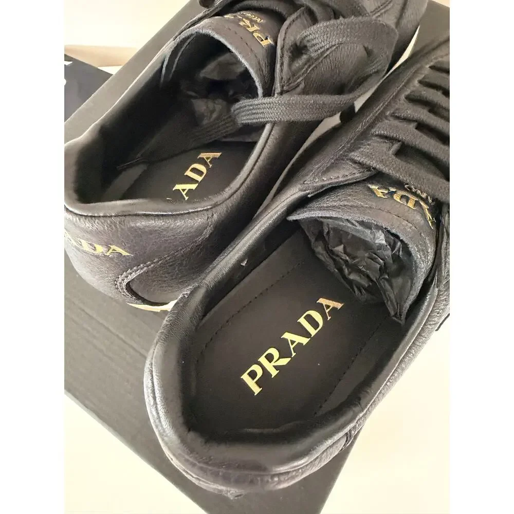 New Prada Milano Black leather Sneakers Leather Men Shoes Size 10.5 $1225 SRP